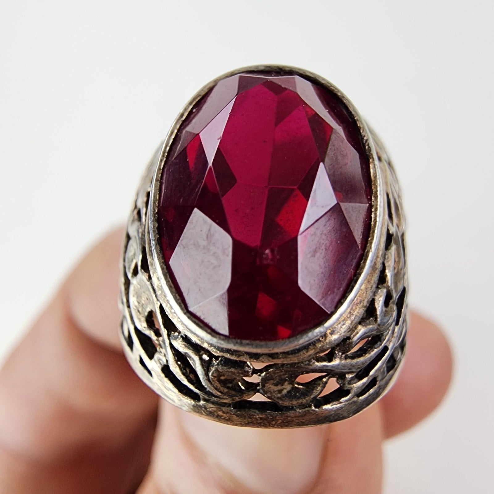 5ct Ruby Russian Mens Ring Size 7 1/2 Sterling Silver 875 Vintage Basketweave