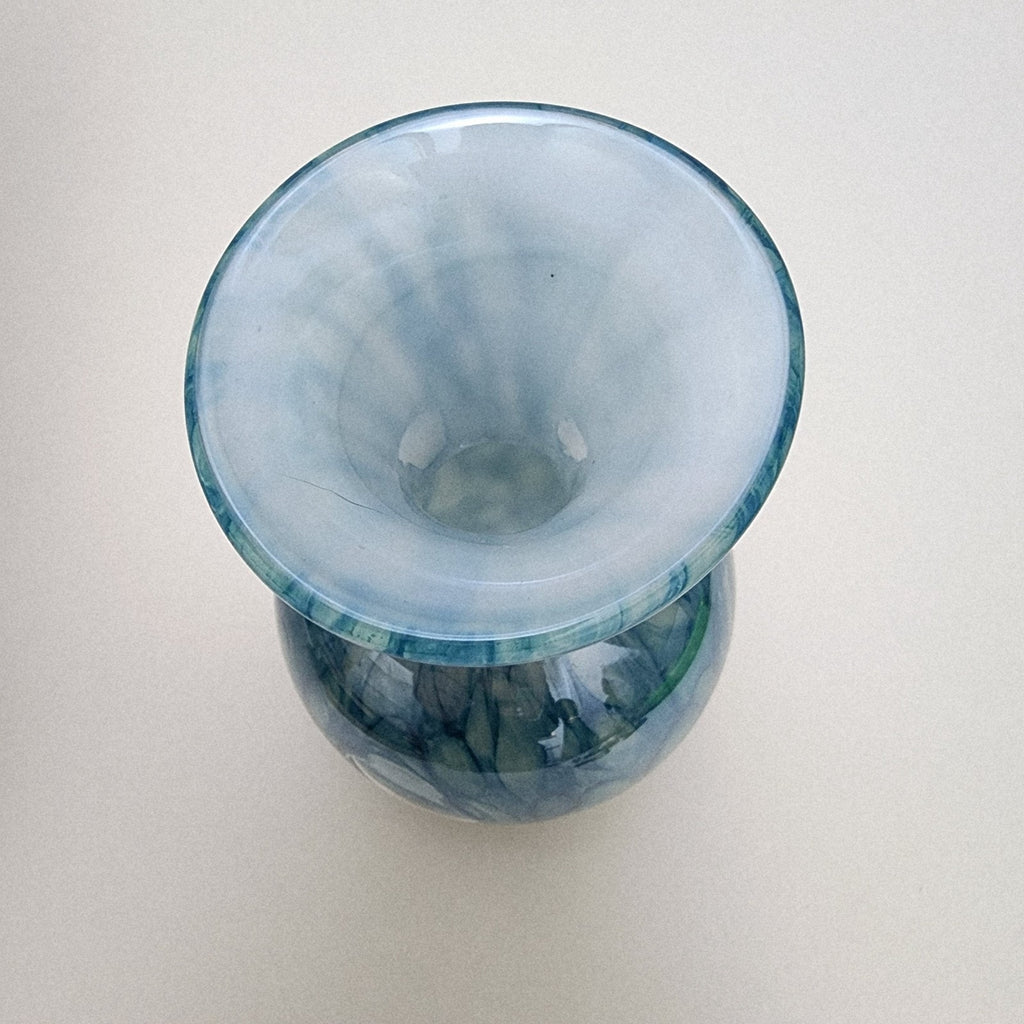 6" Blue Implosion Window Vase Art Glass Handmade Flower Bud