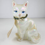 Hand Painted Fenton Glass Cat Signed Floral Decorated Iridescent Signed