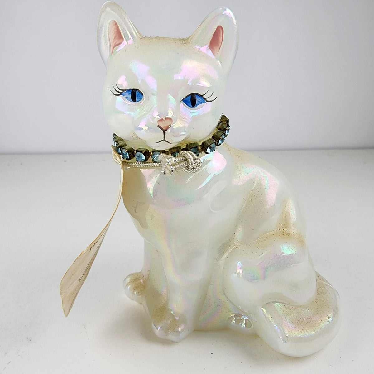 Hand Painted Fenton Glass Cat Signed Floral Decorated Iridescent Signed