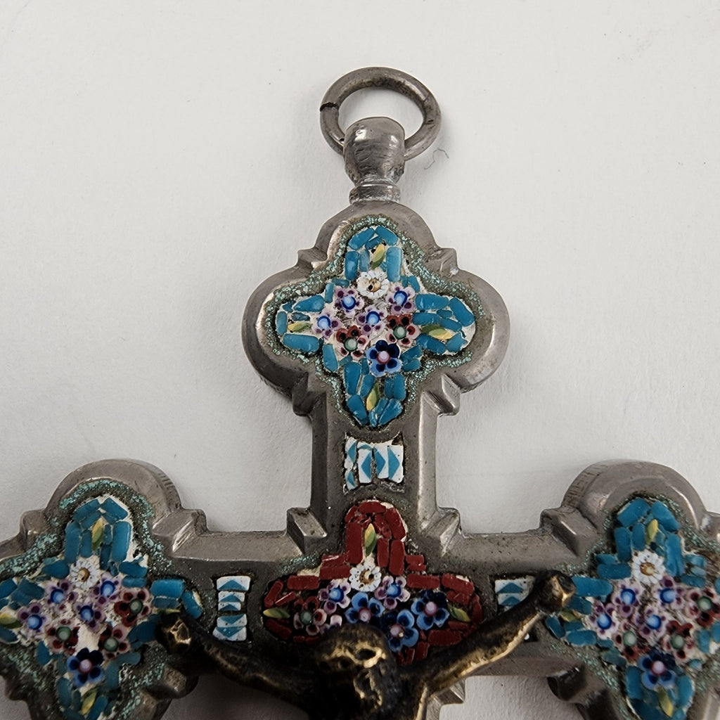 3 1/2" Antique Glass Micro Mosaic Inlay Cross Italy 19 Century