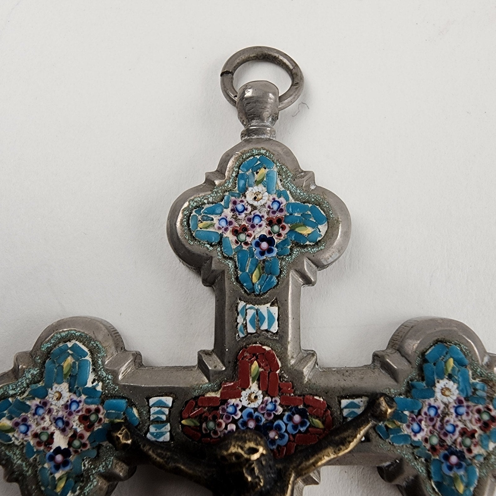 3 1/2" Antique Glass Micro Mosaic Inlay Cross Italy 19 Century