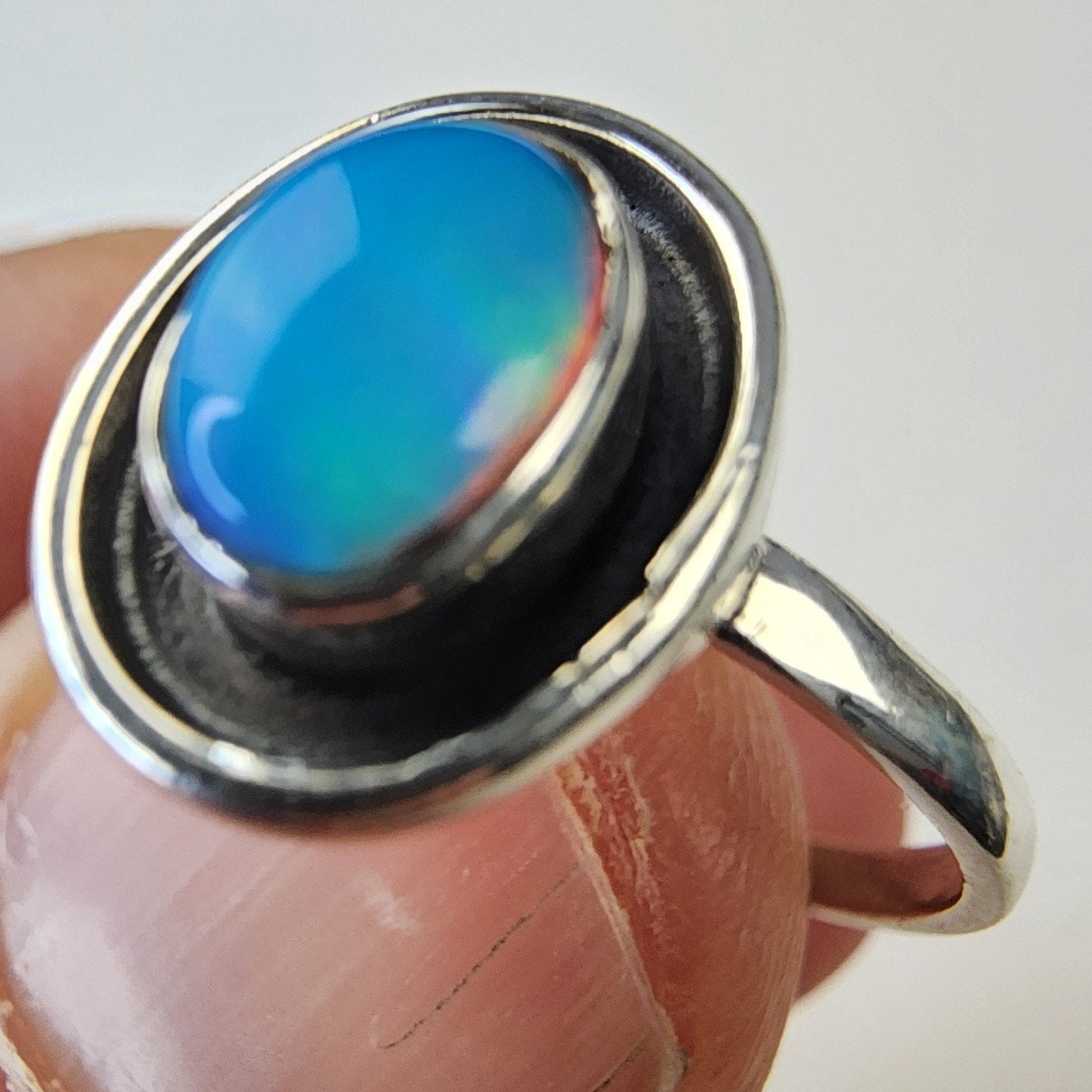 Blue Green Balloon Opal Shadowbox Sterling Silver 925 Ring Size 9 1/2