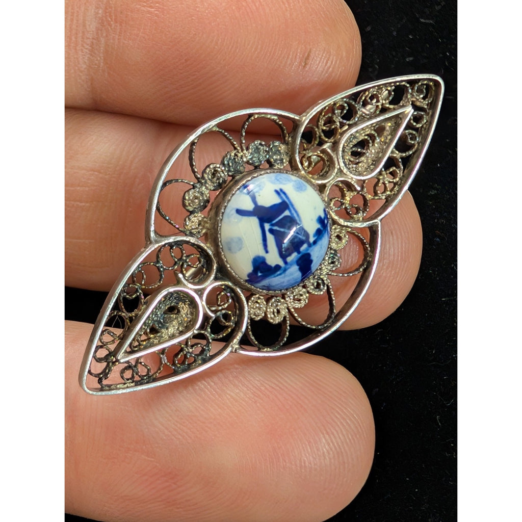 DEFLT Porcelain Filigree Brooch Sterling Silver 925 Antique Pin