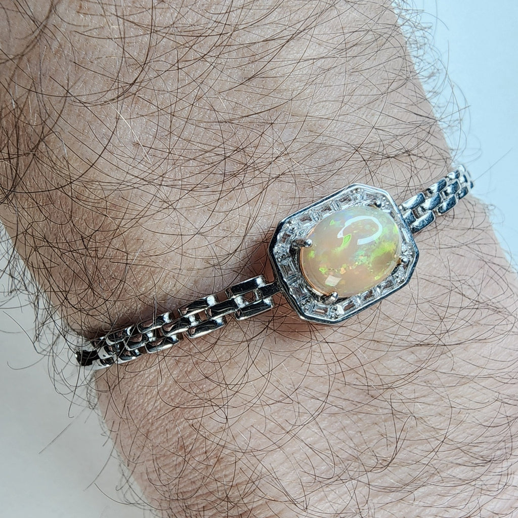 Ethopian Opal Halo Sterling Silver 925 Hinged Designer Bracelet