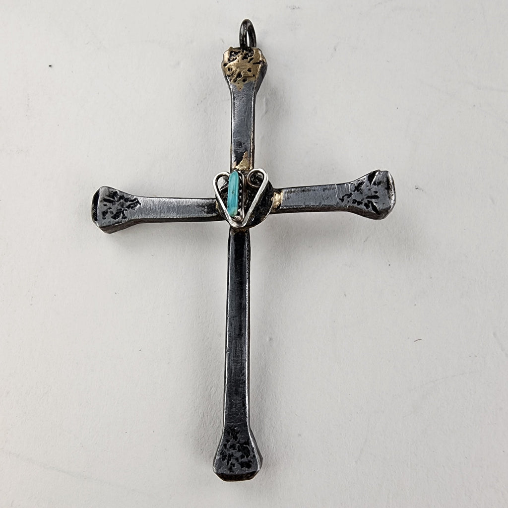Native Horseshoe Nail Turquoise Cross Sterling Silver 925 & Steel Pendant