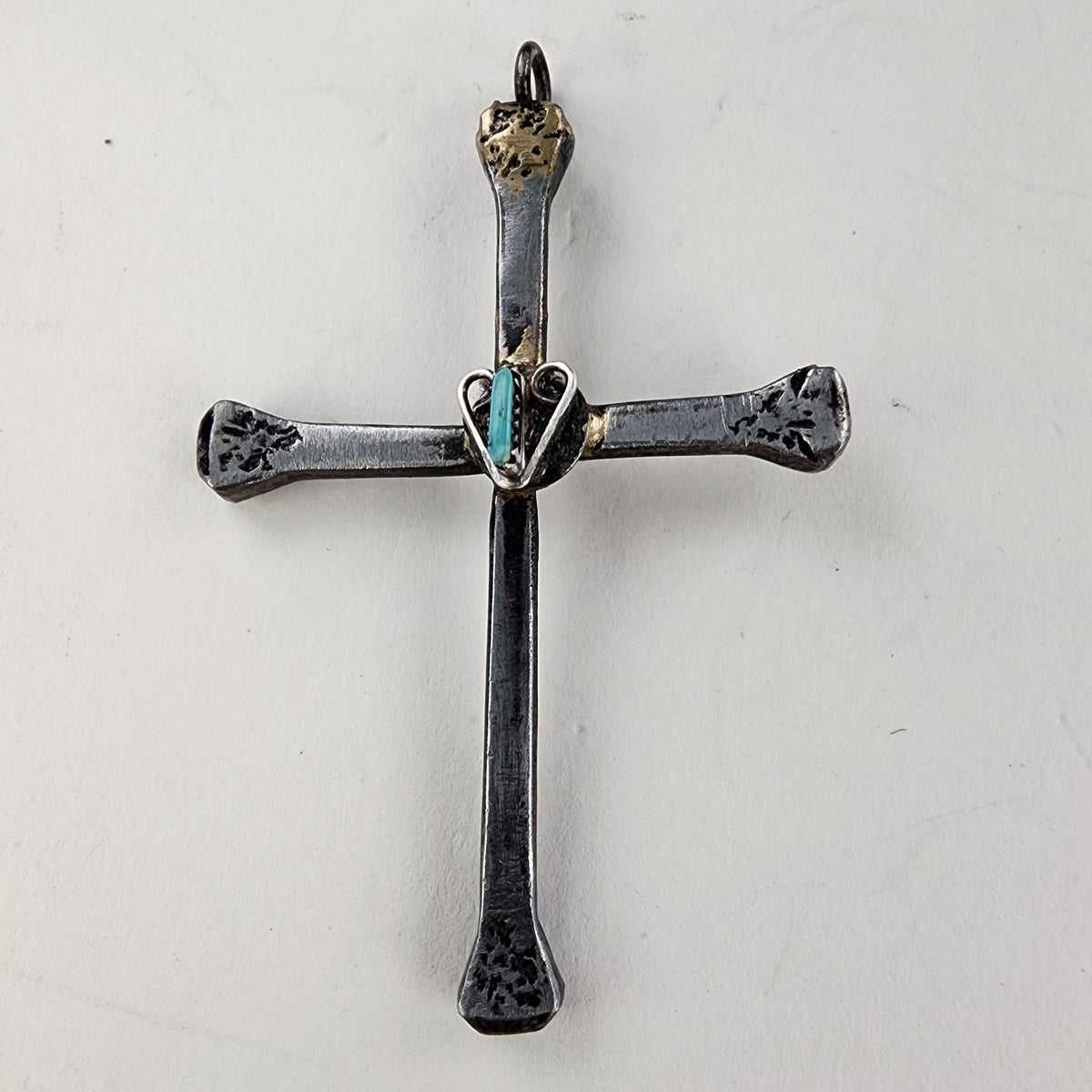 Native Horseshoe Nail Turquoise Cross Sterling Silver 925 & Steel Pendant