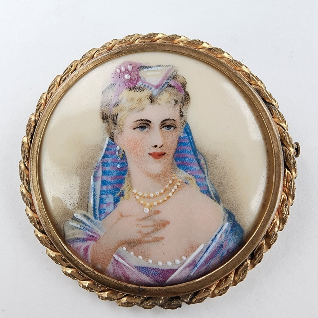 Limoges France Hand Painted Porcelain Miniature Brooch Antique