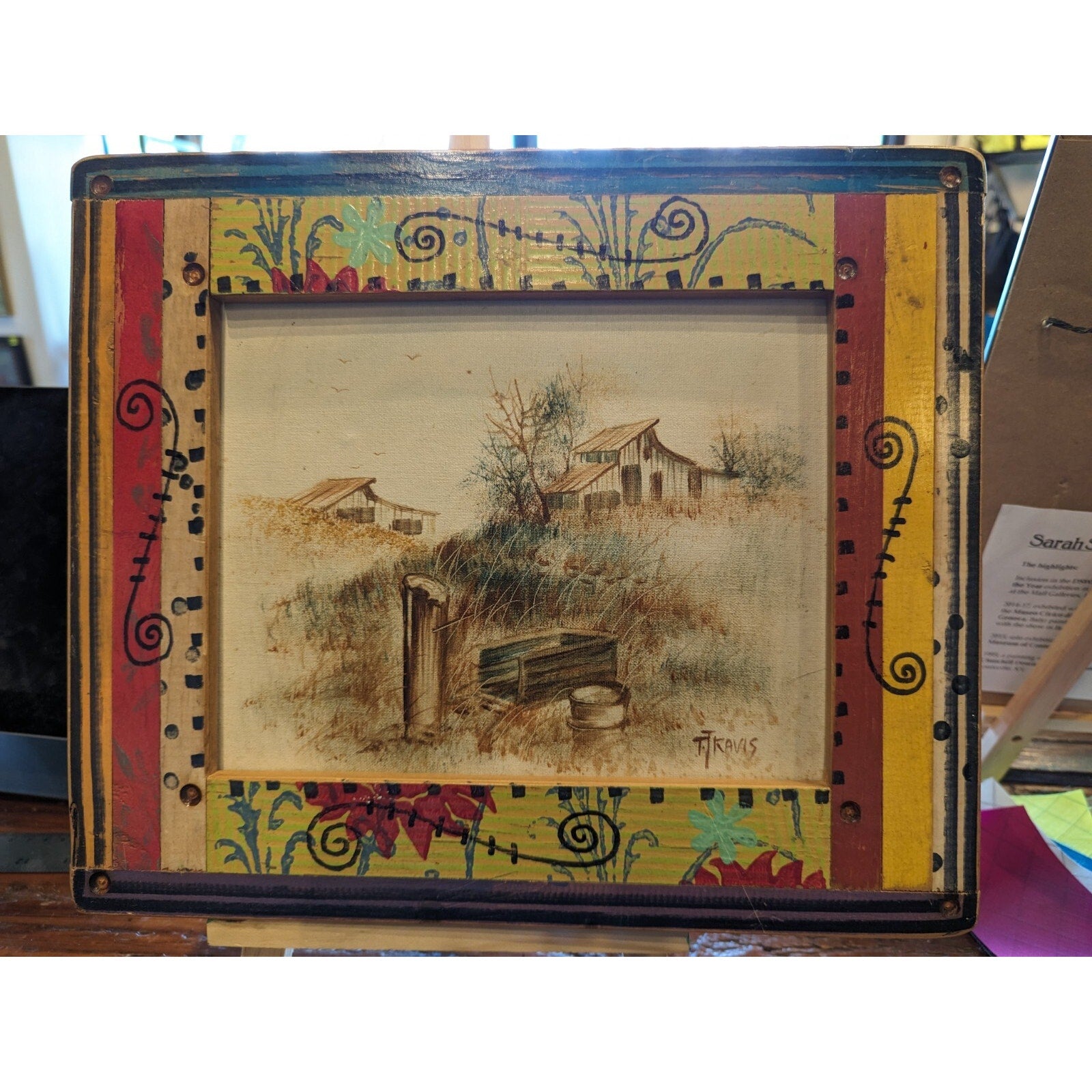 Farm Barn Scene Painting Acrylic on Panel Whimsical Frame MCM