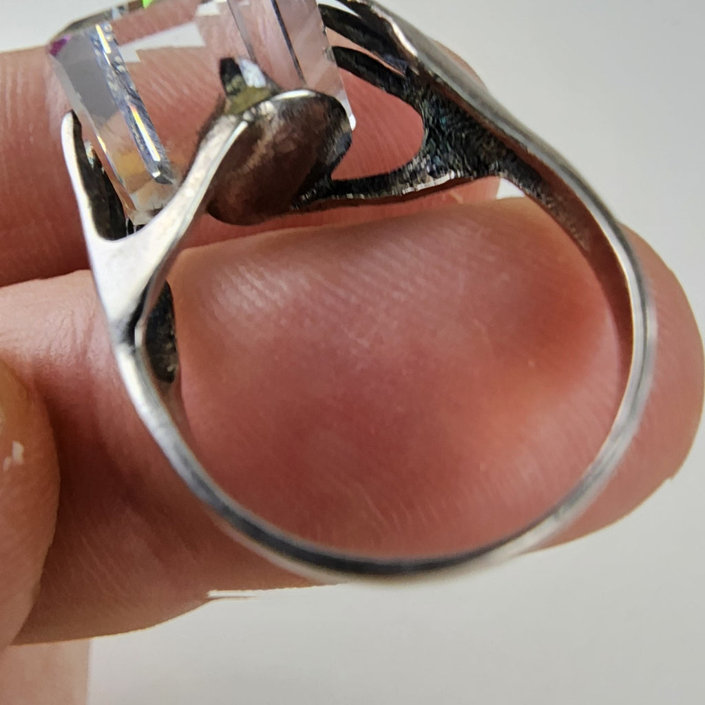 Hands w Iridescent Dichroic Cube Ring Size 7 1/2 Sterling Silver 925 Modernist
