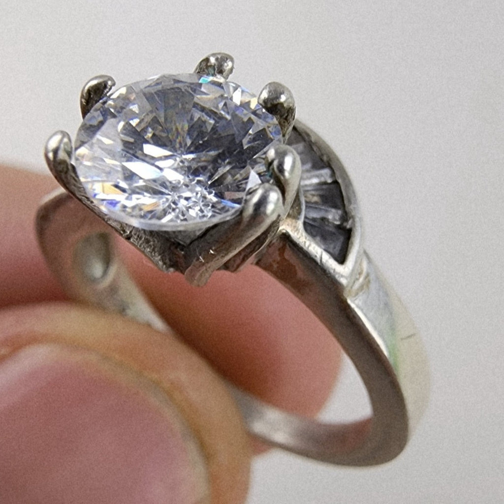 Modernist Quartz Round & Baguette Ring Size 7 Sterling Silver 925 Vintage