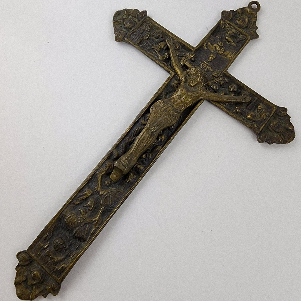 19th C European Baroque Bronze Crucifix Antique Relief Cross 7 1/2"