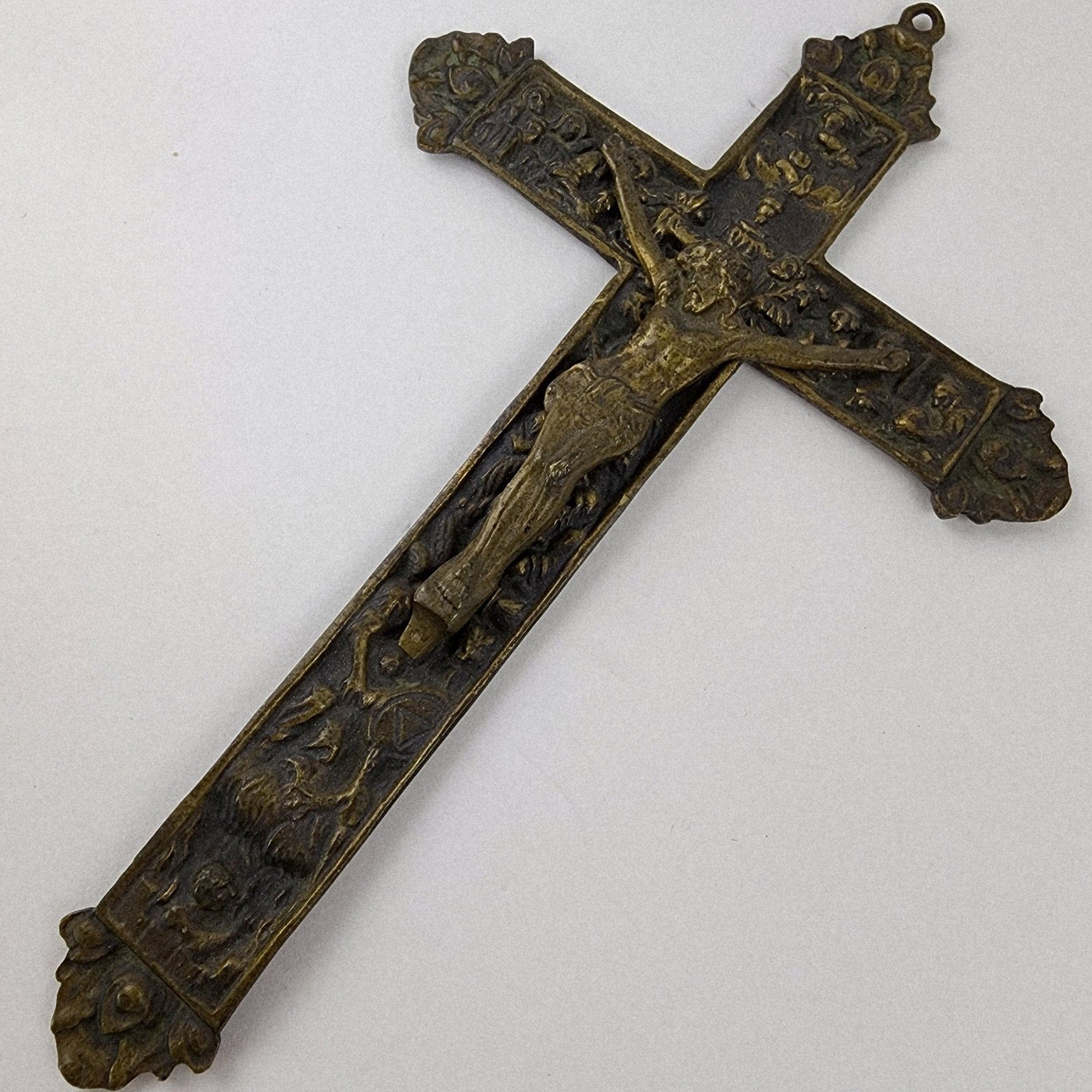 19th C European Baroque Bronze Crucifix Antique Relief Cross 7 1/2"