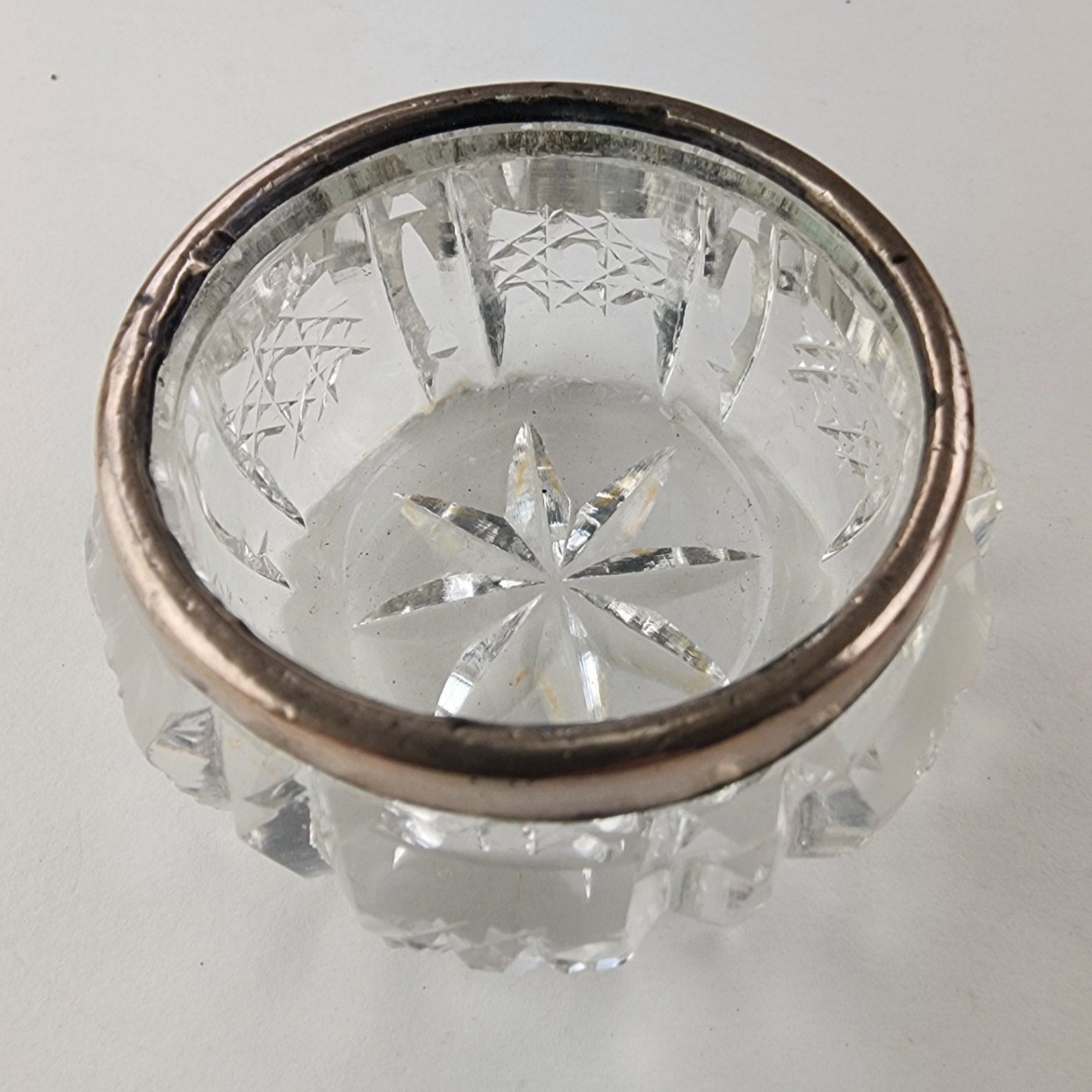 Cut Glass Salt Cellar Sterling Silver 925 Rim Marked 1914 London Antique