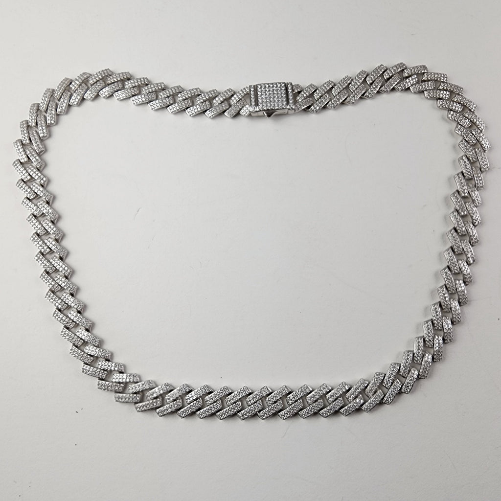 20" Moissanite 12mm Monaco Sterling Silver Tennis Necklace Iced Chain Cuban 76g