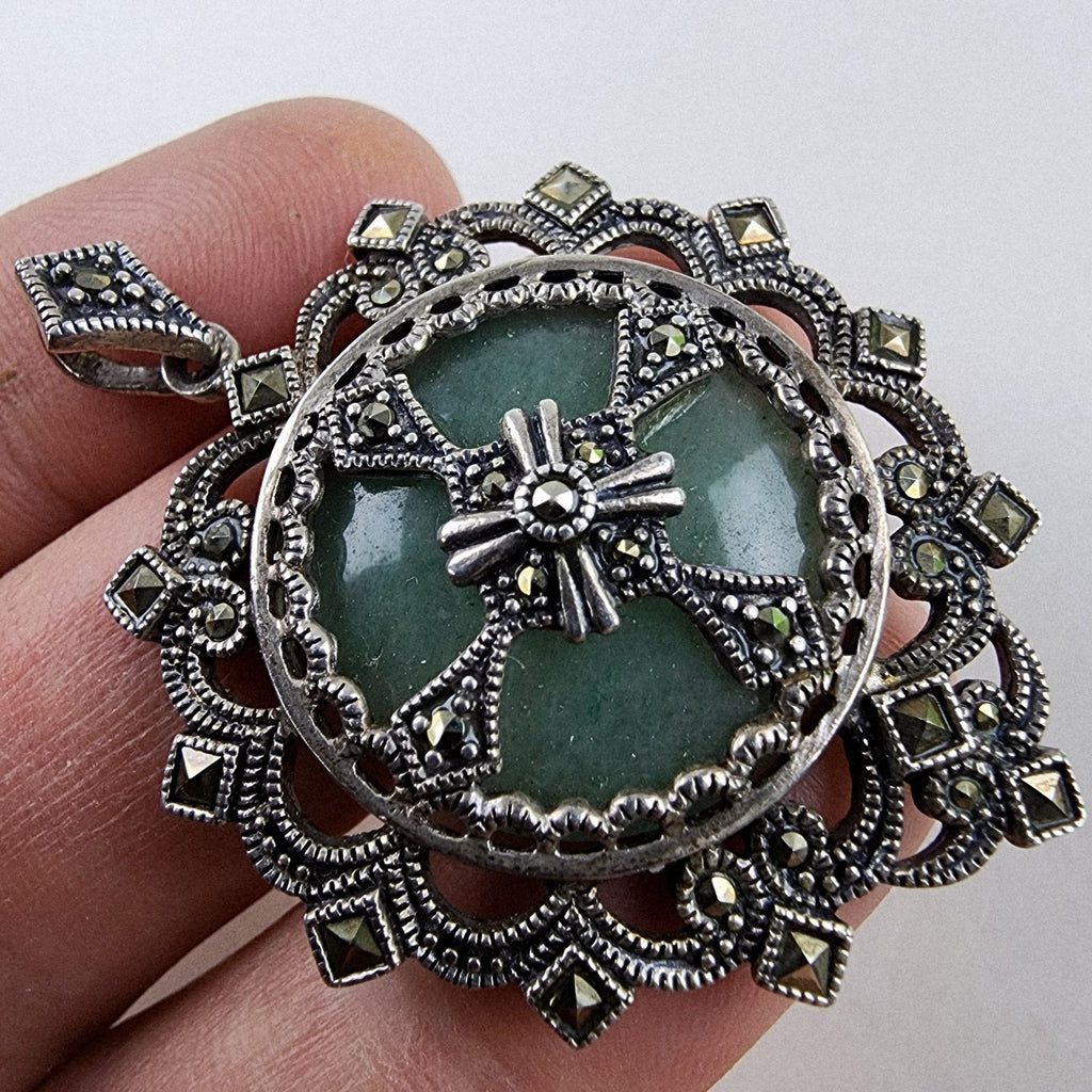Art Deco Chrysoprase Marcasite Pendant Sterling Silver 925 Gothic