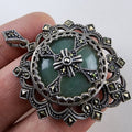 Art Deco Chrysoprase Marcasite Pendant Sterling Silver 925 Gothic