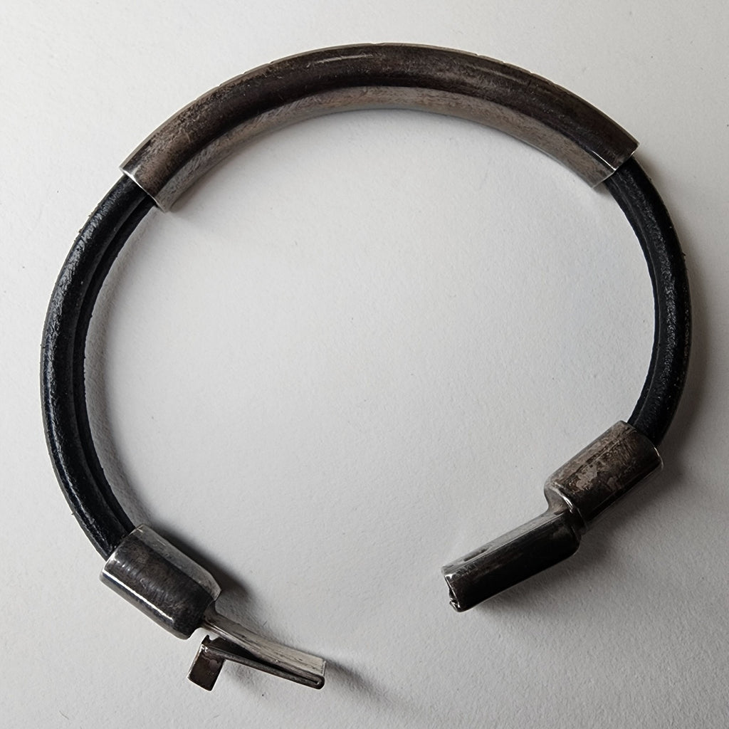 Sterling Silver 925 & Leather Taxco Mexico Cable Bracelet 7 1/4" Vintage
