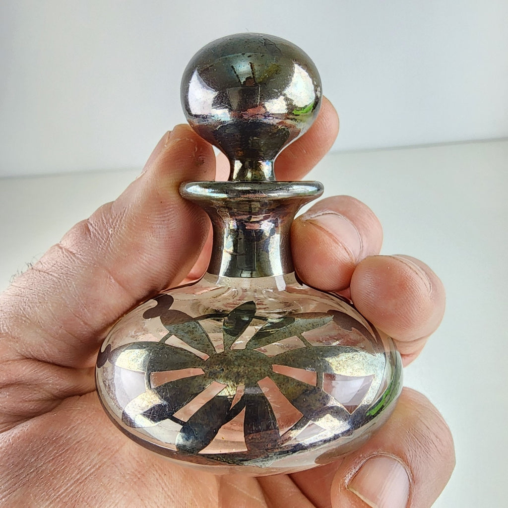 Art Nouveau Sterling Silver Overlay Glass Perfume Bottle with Stopper