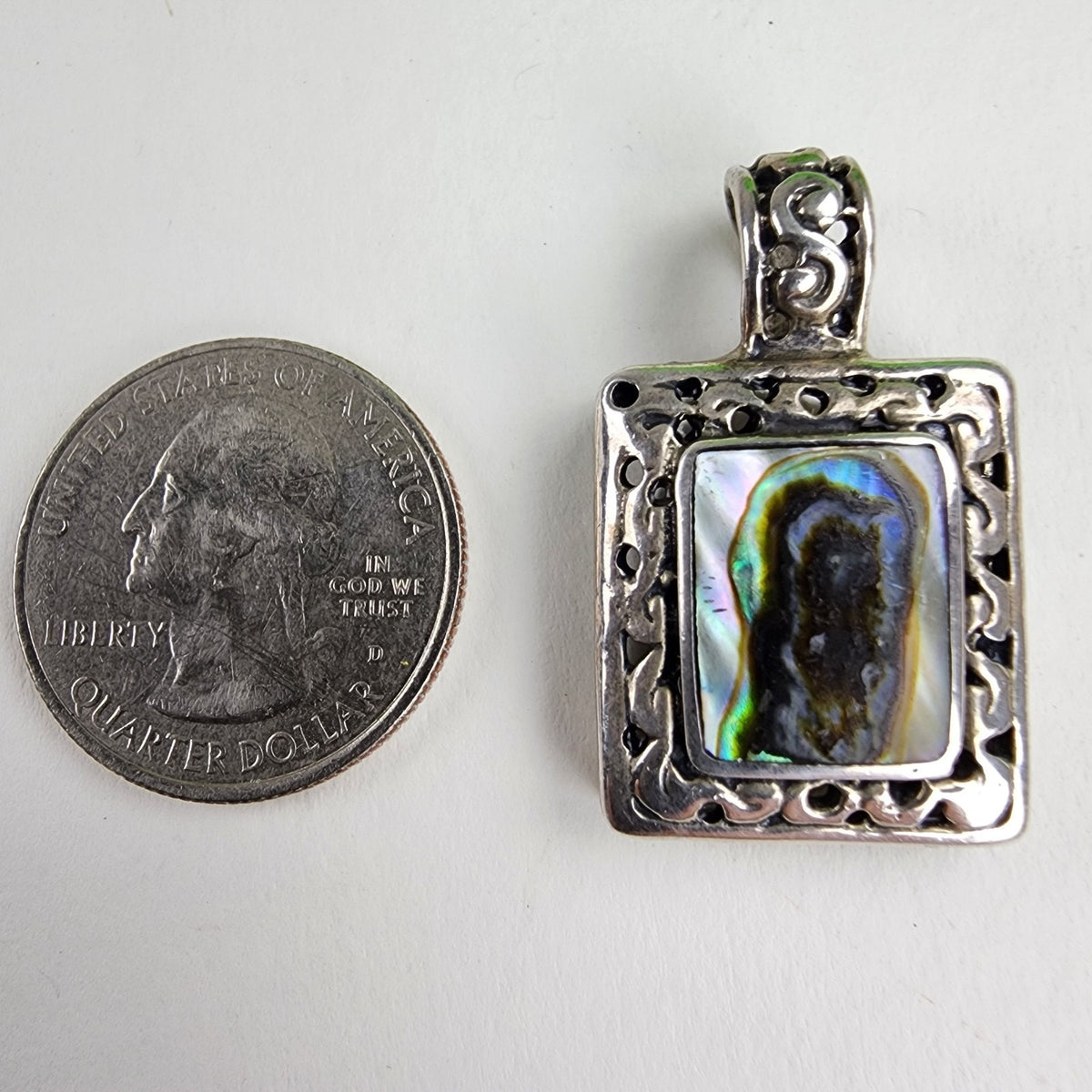 Mexico Abalone Inlay Squre Pendant Sterling Silver 925 Vintage