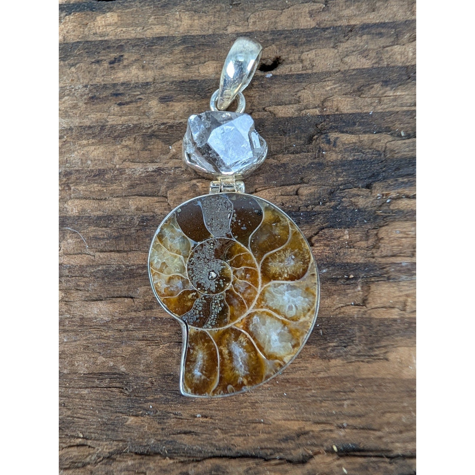 Vintage Ammonite & Raw Quartz Sterling Silver 925 Pendant