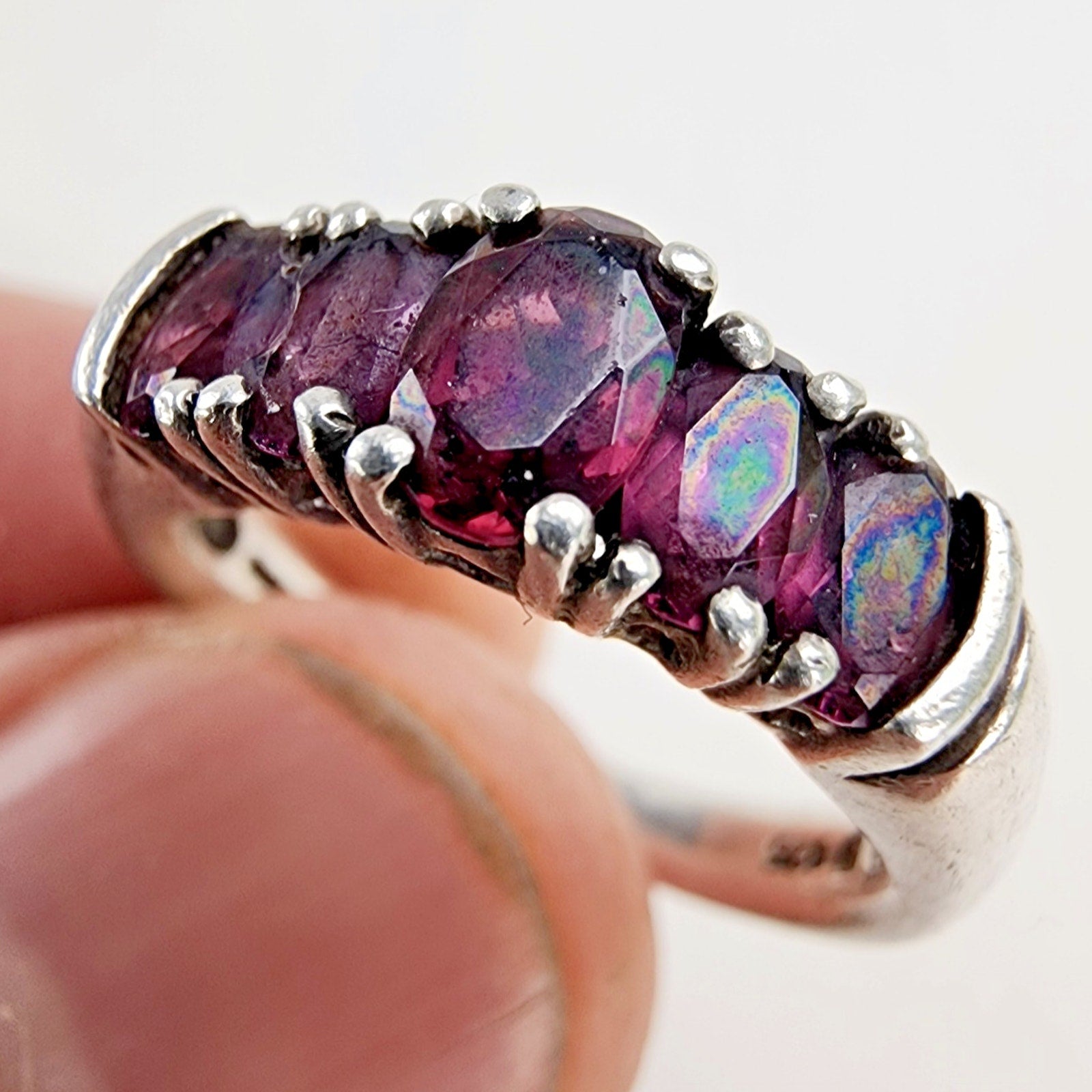Five Stone Deep Purple Amethyst Ring Size 7 Sterling Silver 925 Vintage