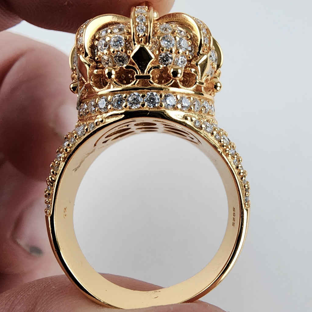 Moissanite Crown Sterling Silver 925 Ring Size 12 Gold Finish New 20g Iced Out