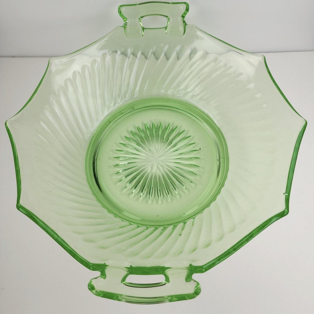 10" UV Uranium Glass Imperial Twisted Optic Handled Serving Bowl Vintage