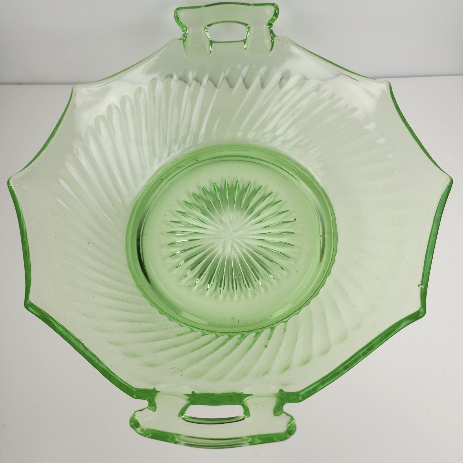 10" UV Uranium Glass Imperial Twisted Optic Handled Serving Bowl Vintage