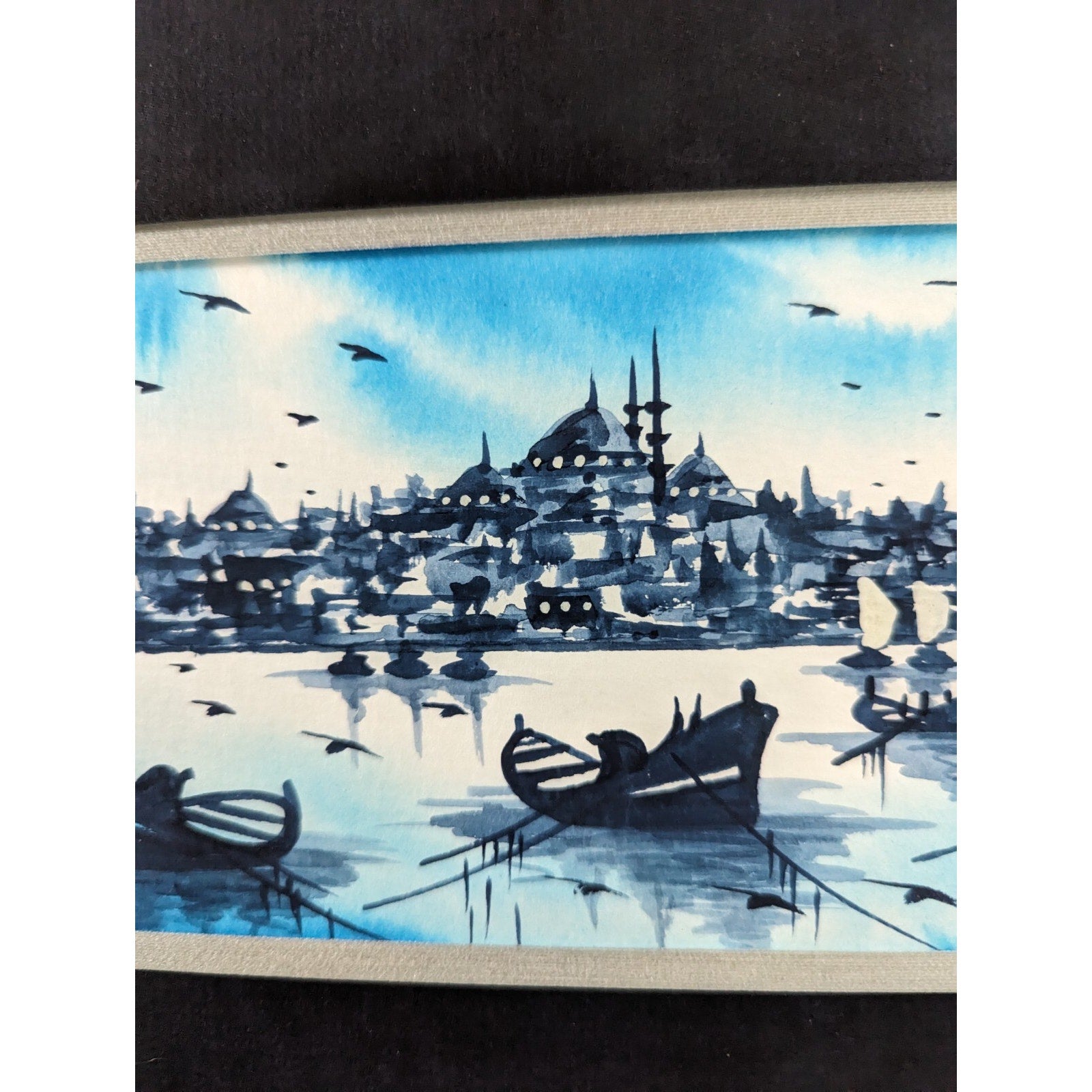 Tonalist Watercolor Cityscape with Boats Signed Ruhan MCM 10" x 24"