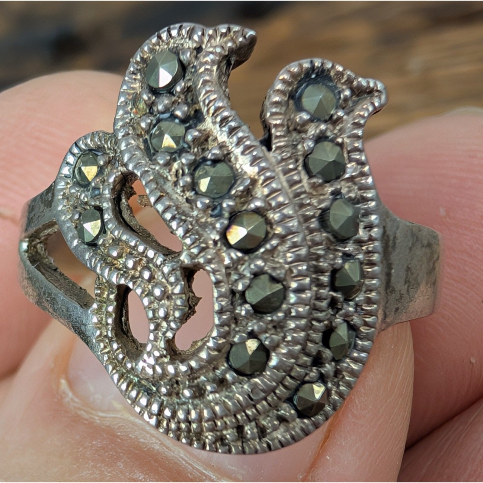 Vintage Peacock Marcasite Sterling Silver 925 Ring Size 9
