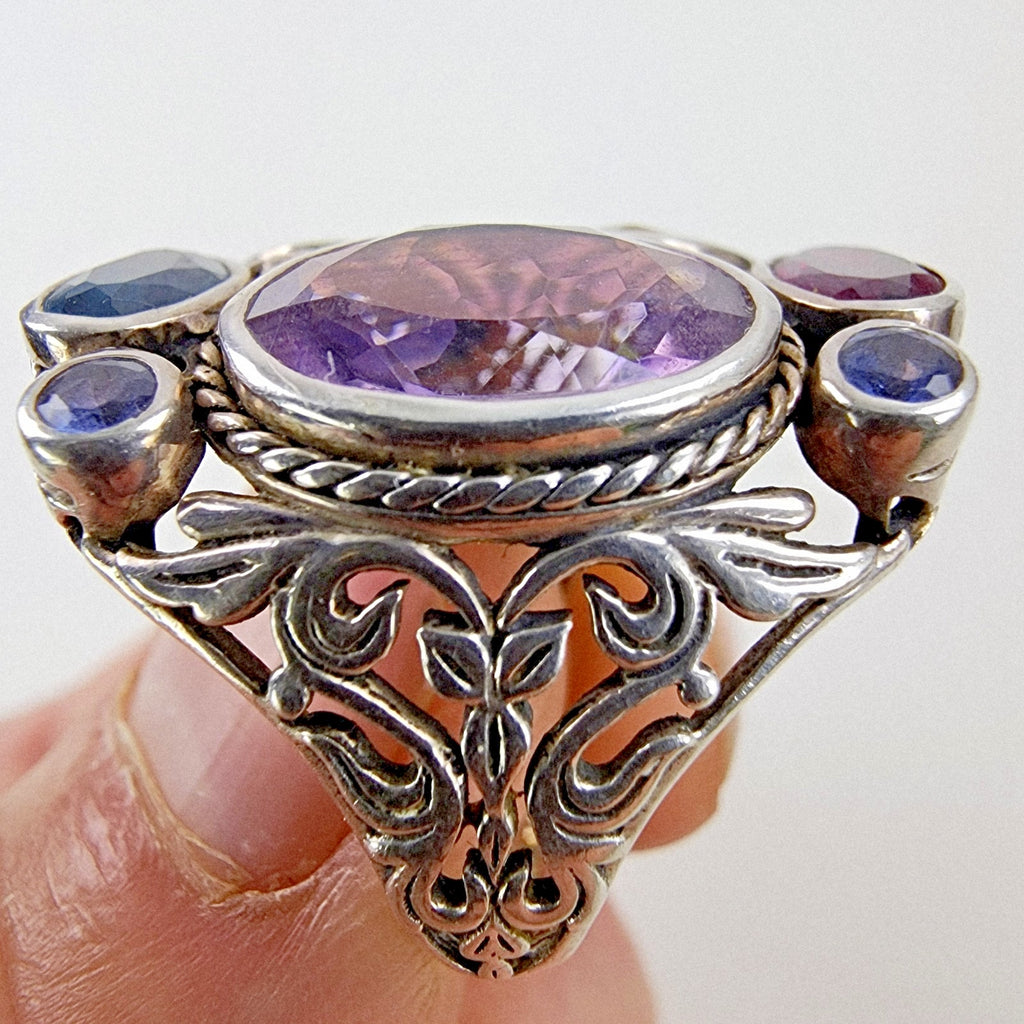 Designer Gemstone Cluster Ring Size 8 1/2 Sterling Silver 925 Vintage