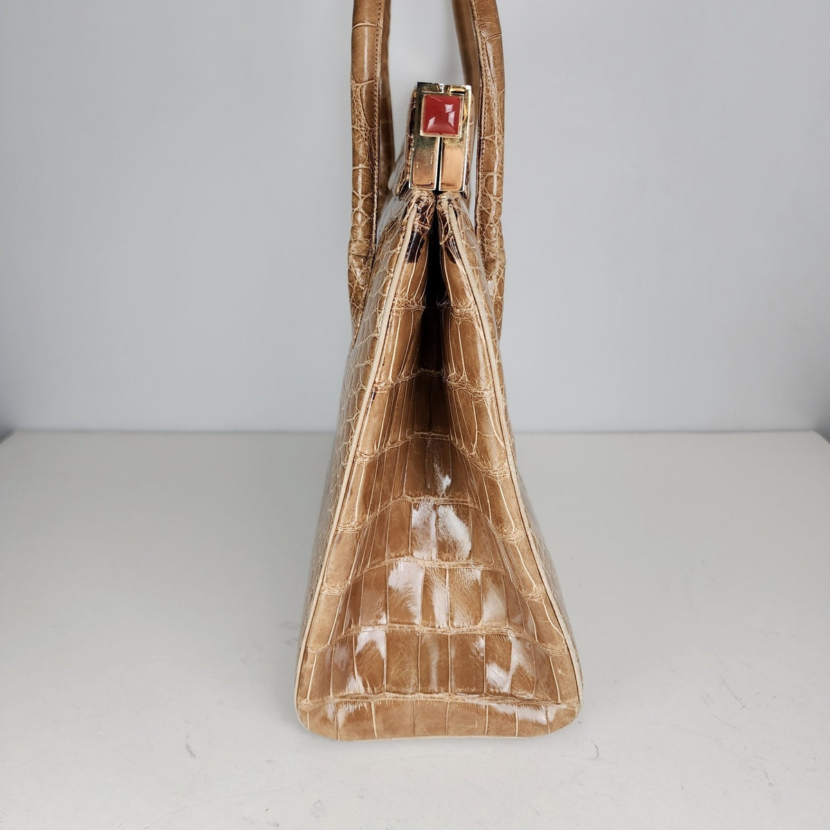 Vintage Judith Leiber Alligator Crocodile Purse Handbag Handled Day Bag Tan