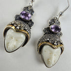 14K Yellow Gold Amethyst Face Earrings Sterling Silver 925 Vintage Beaded