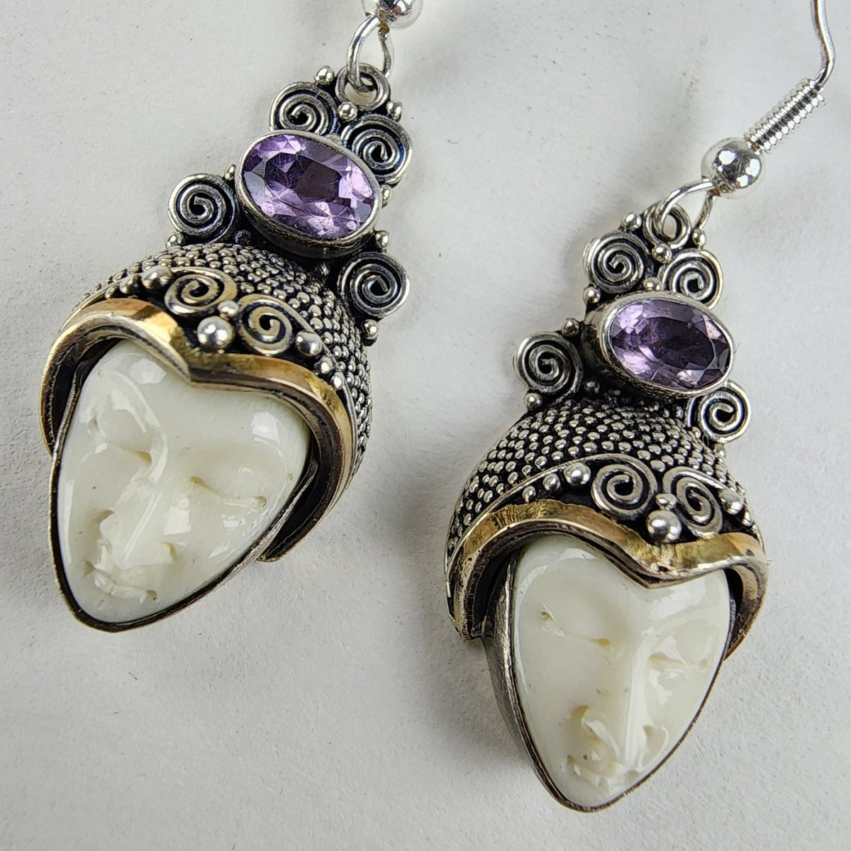 14K Yellow Gold Amethyst Face Earrings Sterling Silver 925 Vintage Beaded