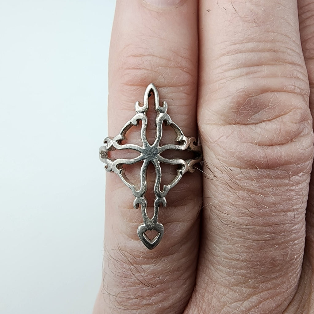 Filigree Open Cross Ring Size 6 Sterling Silver 925 Vintage