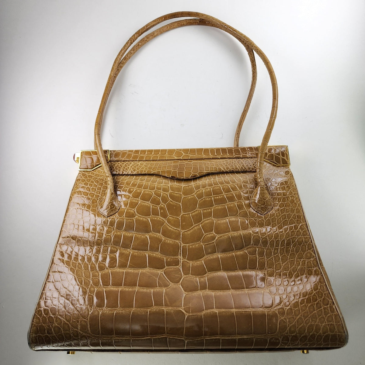 Vintage Judith Leiber Alligator Crocodile Purse Handbag Handled Day Bag Tan