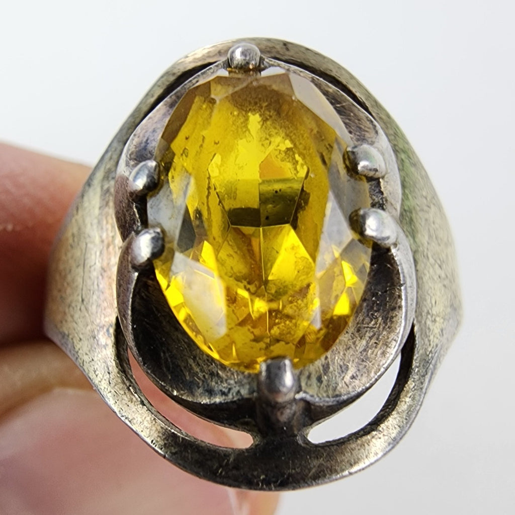 Yellow Sapphire Modernist Soviet Ring Size 10 1/4 Sterling Silver 875 Vintage