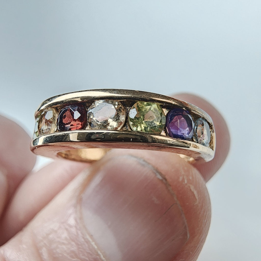 Channel Set Rainbow Gemstone Gold Finish Band Ring Size 7 Sterling Silver 925