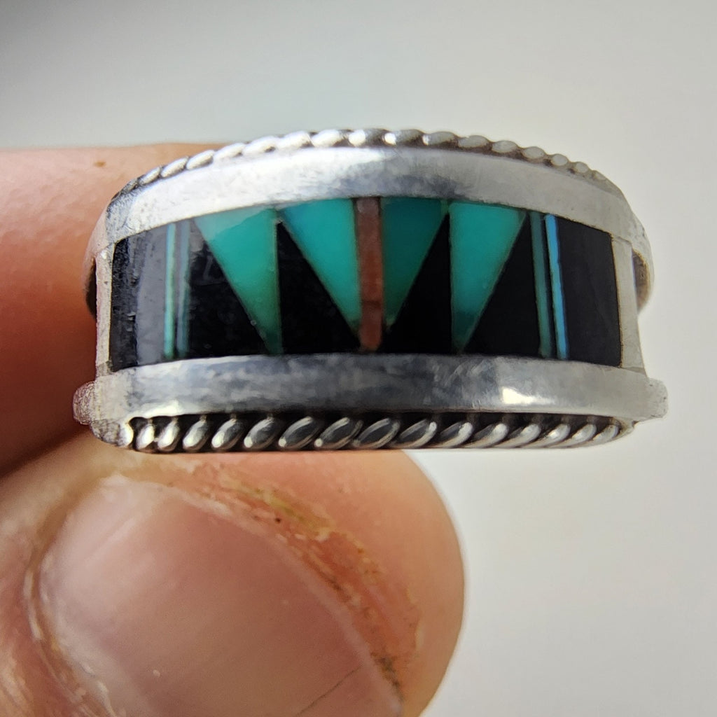 Zuni Turquoise & Onyx Inlay Old Pawn Ring Size 8 3/4 Sterling Silver 925 Vintage