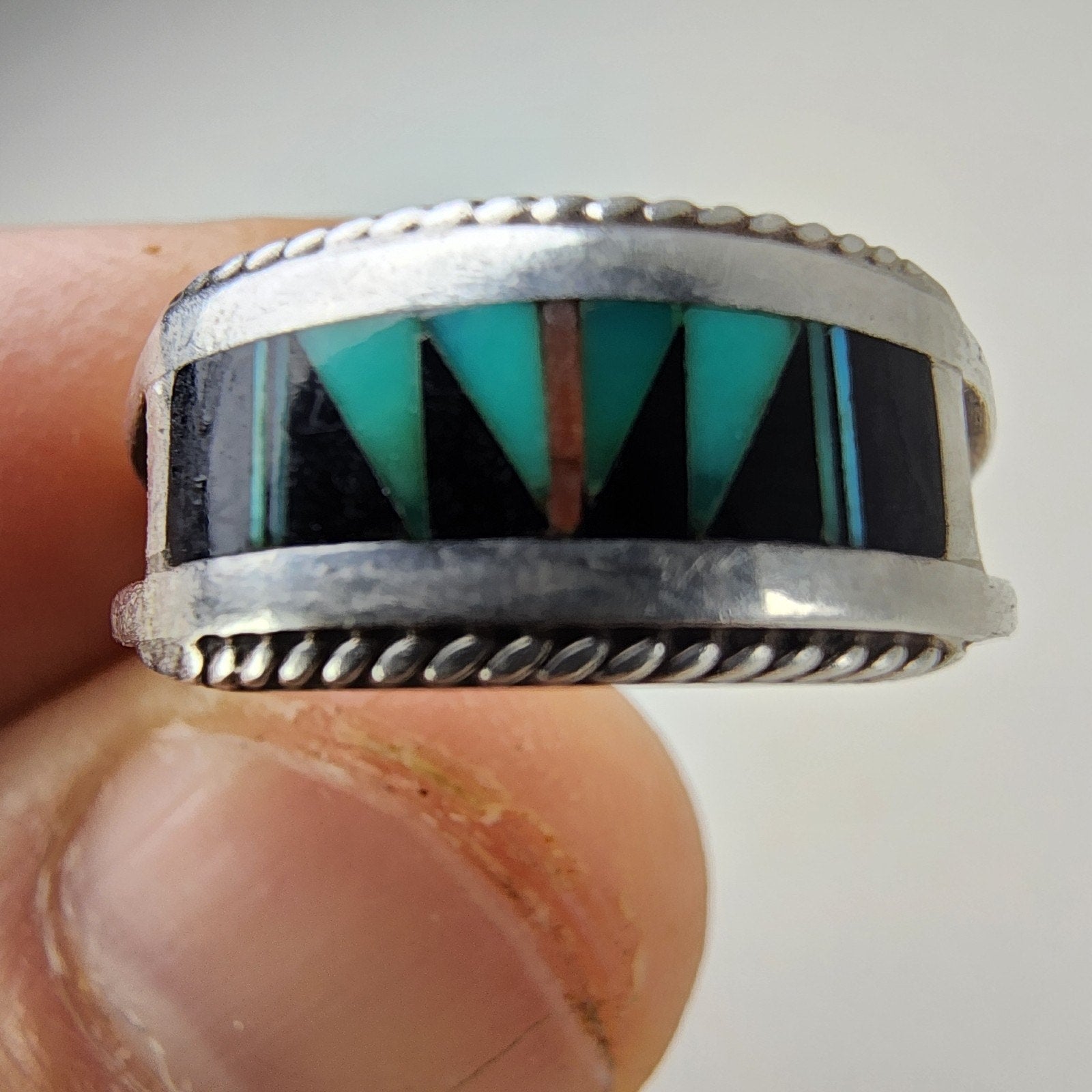 Zuni Turquoise & Onyx Inlay Old Pawn Ring Size 8 3/4 Sterling Silver 925 Vintage
