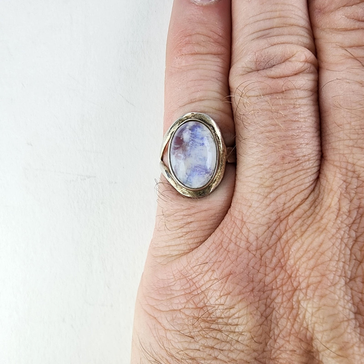 Modernist Rainbow Moonstone Cabochon Ring Size 8 Sterling Silver 925 Vintage