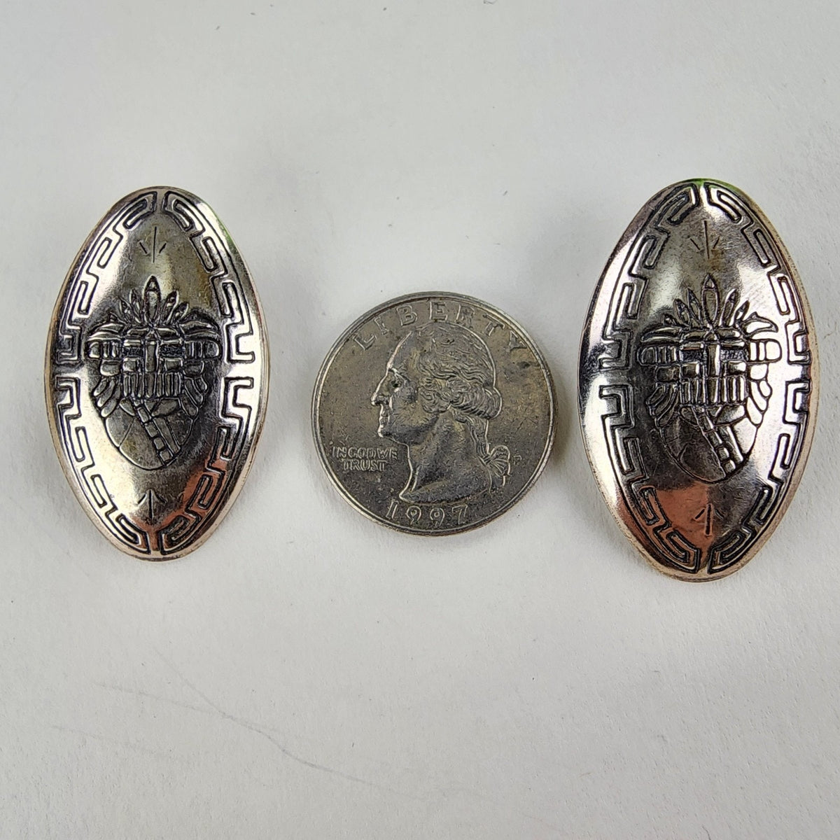 Peruvian Stamped Concho Earrings Sterling Silver 925 Vintage Greek Key Stamped