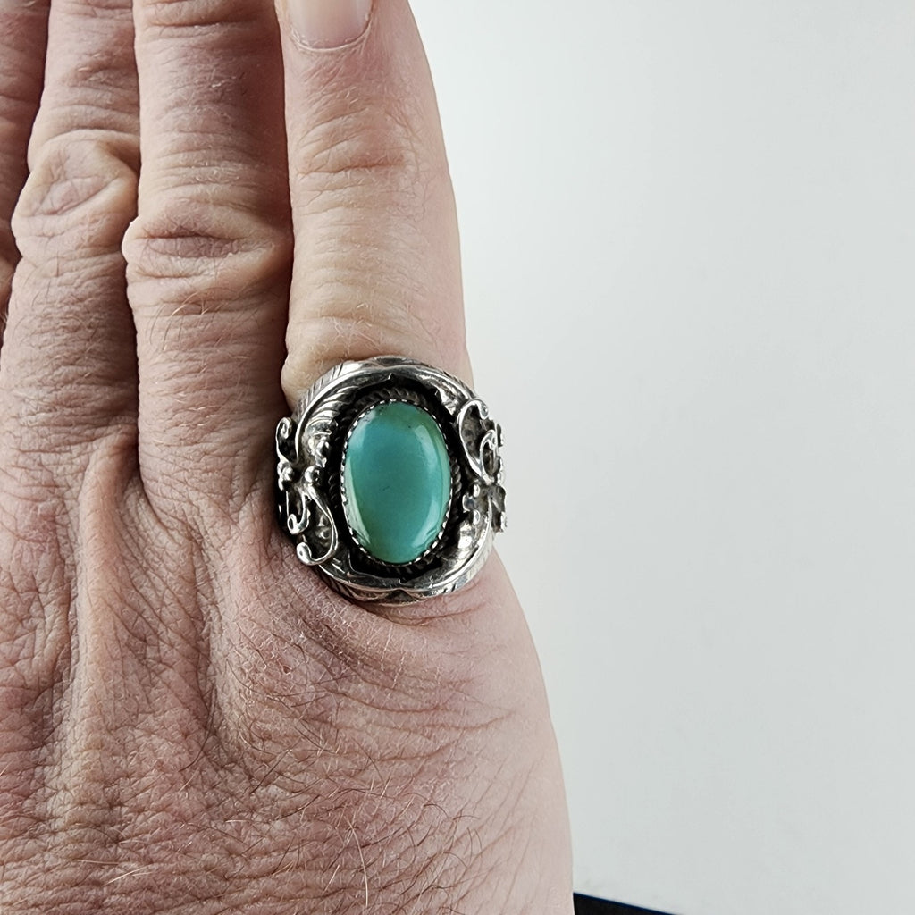Native Turquoise Ring Size 9 Sterling Silver 925 Vintage Signed HR