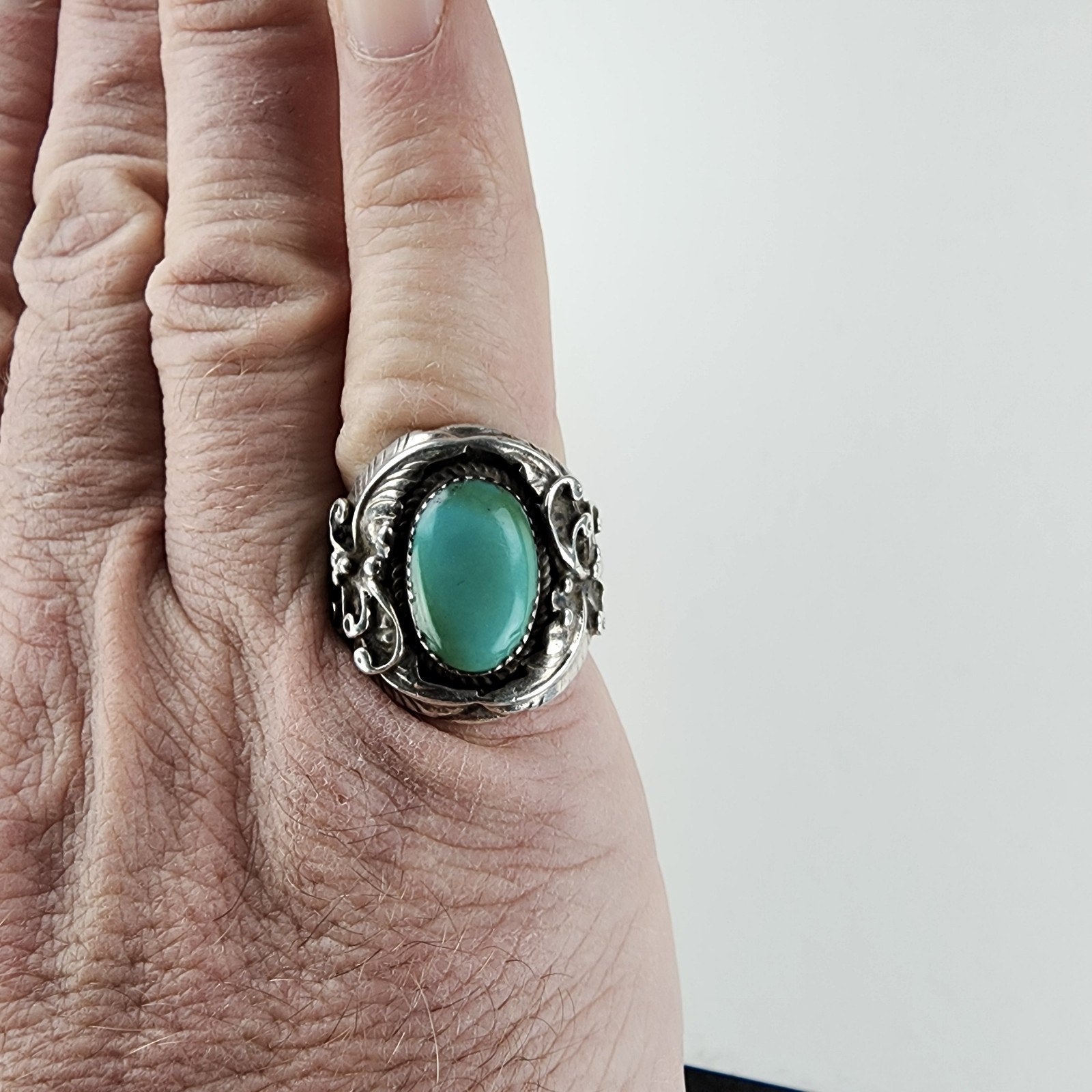 Native Turquoise Ring Size 9 Sterling Silver 925 Vintage Signed HR