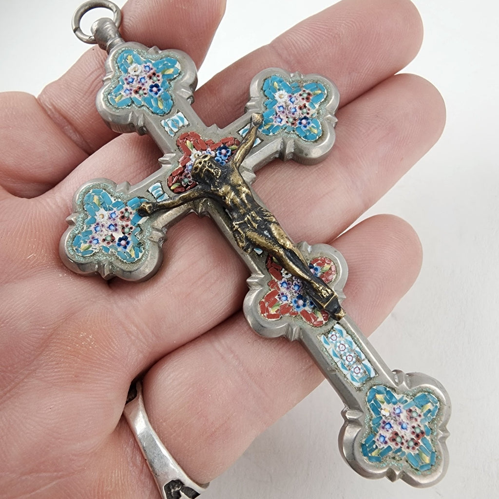 3 1/2" Antique Glass Micro Mosaic Inlay Cross Italy 19 Century
