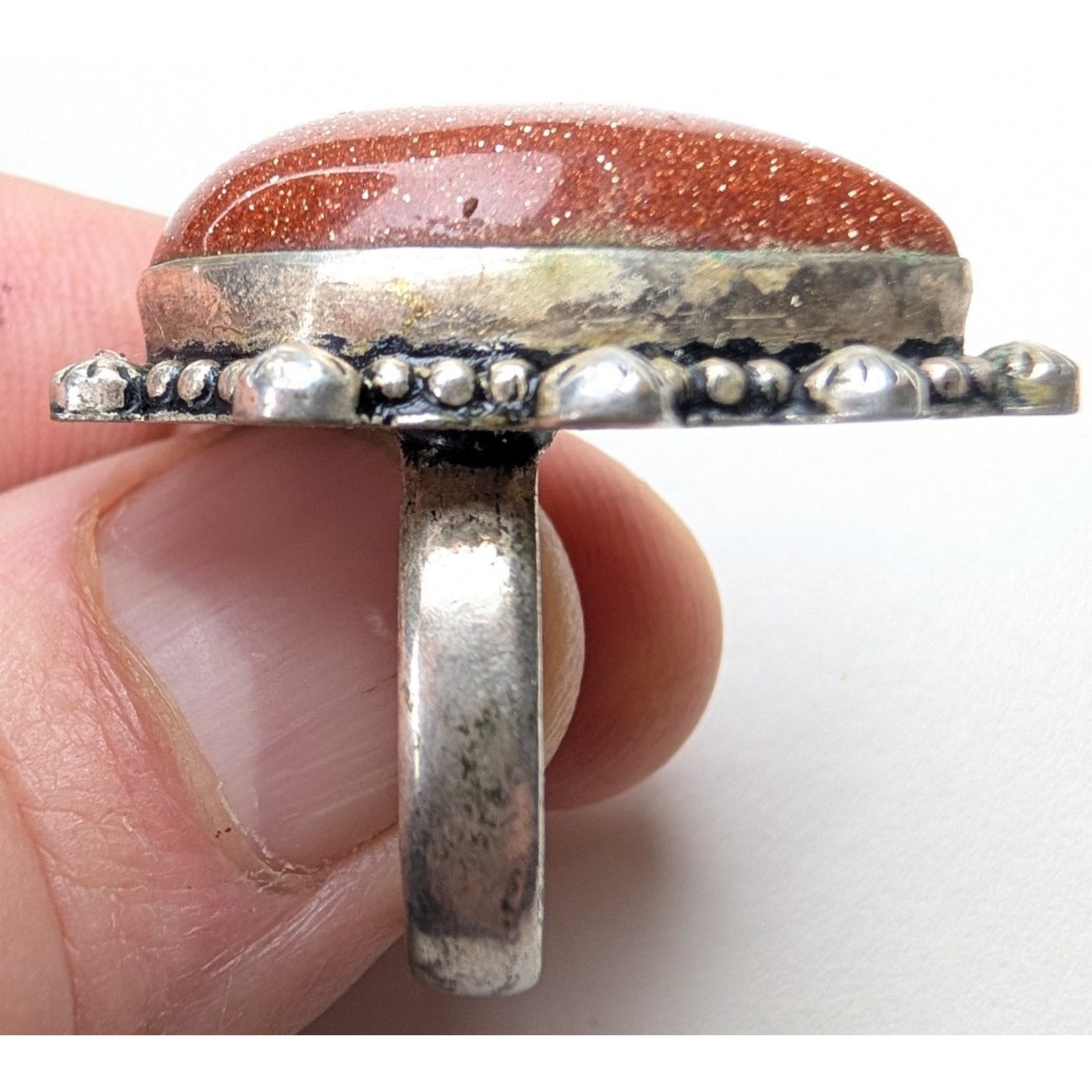 Southwestern Orange Sunstone Sterling Silver 925 Beaded Ring Size 9