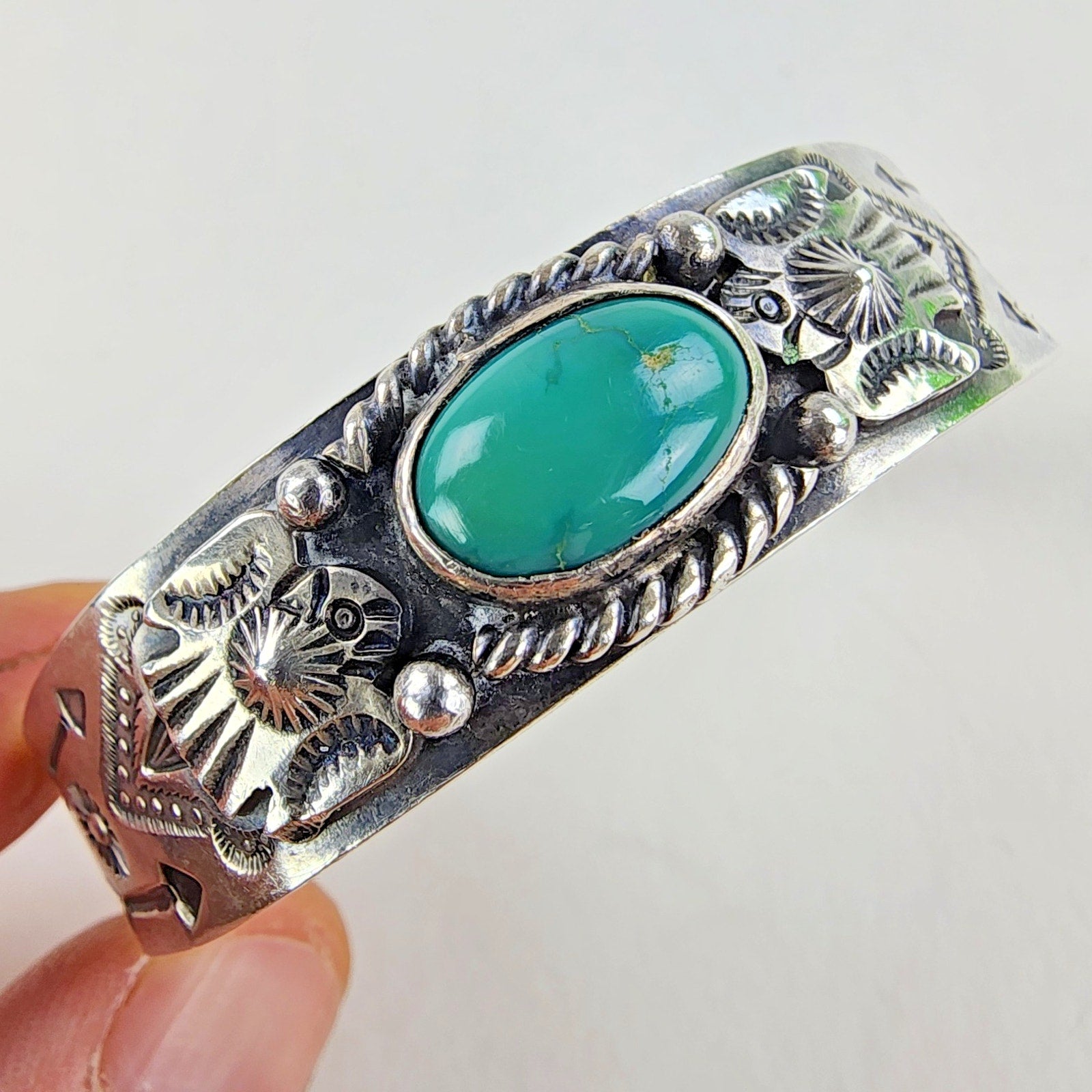 6 1/2" Fred Harvey Era Eagle Turquoise Sterling Silver 925 Cuff Bracelet Native