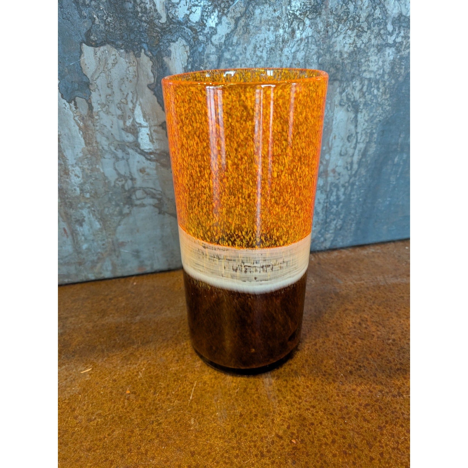 Midcentury MCM TriColor 12" Vase Orange, Beige, Brown Handblown Glass