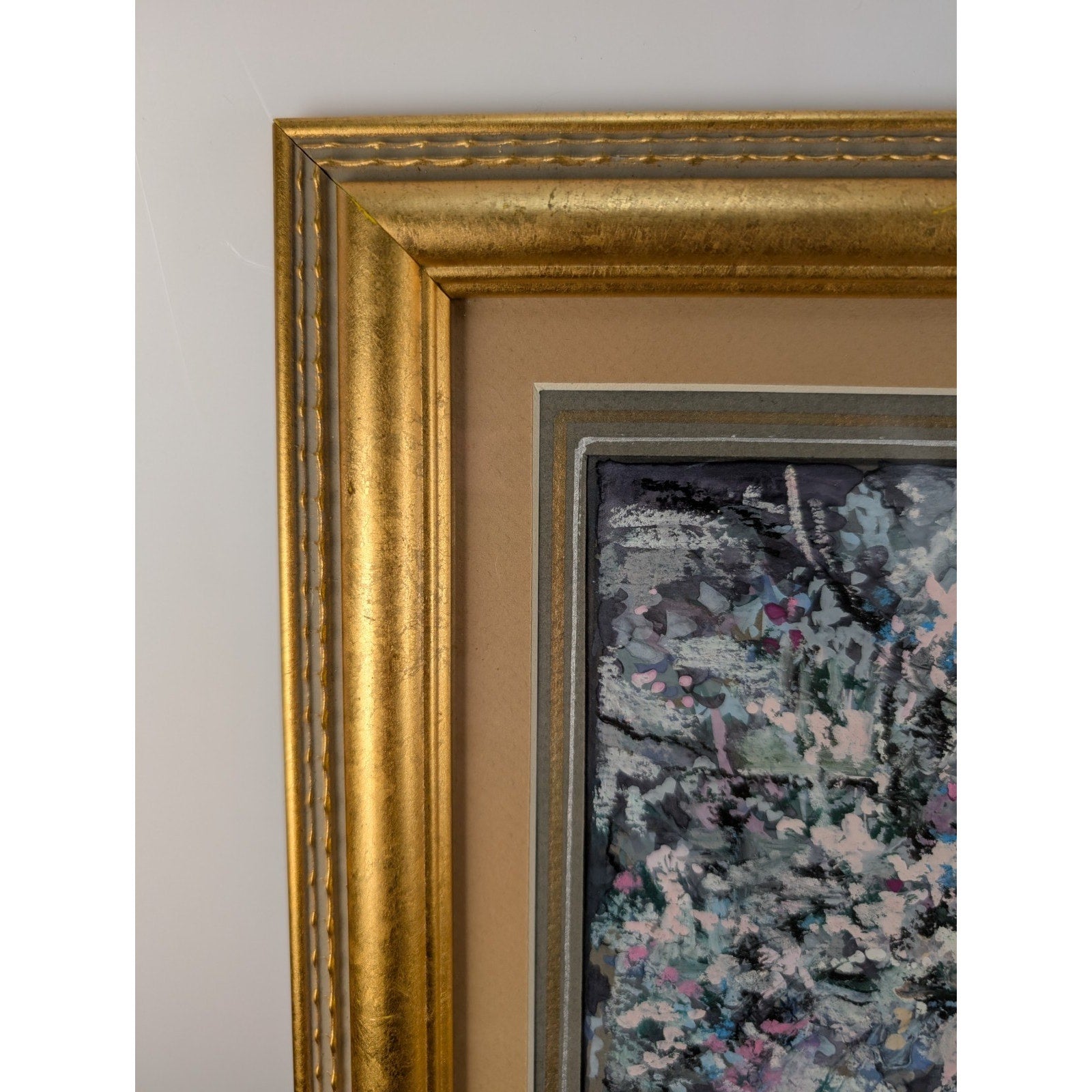 Impressionist Abstract Acrylic on Paper Flower Signed in Gilded Frame 1982